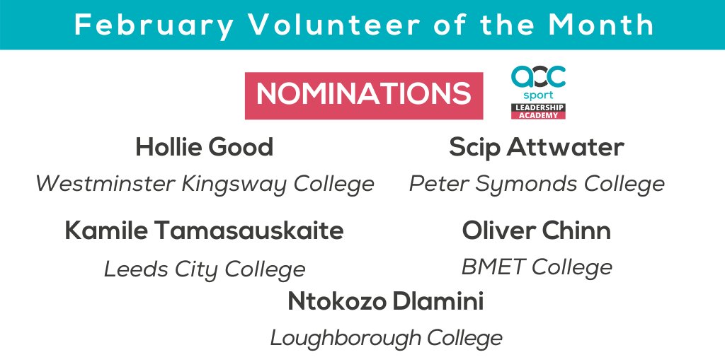 AoC_Sport's tweet photo. Our February Volunteer of the Month nominations are in! Congratulations for standing out as amazing volunteers at your colleges.

Hollie Good
Scip Attwater
Kamile Tamasauskaite
Oliver Chinn
Ntokozo Diamini

Look out for the winner’s announcement this week #LeadershipAcademy https://t.co/Vq7BRDbjz4