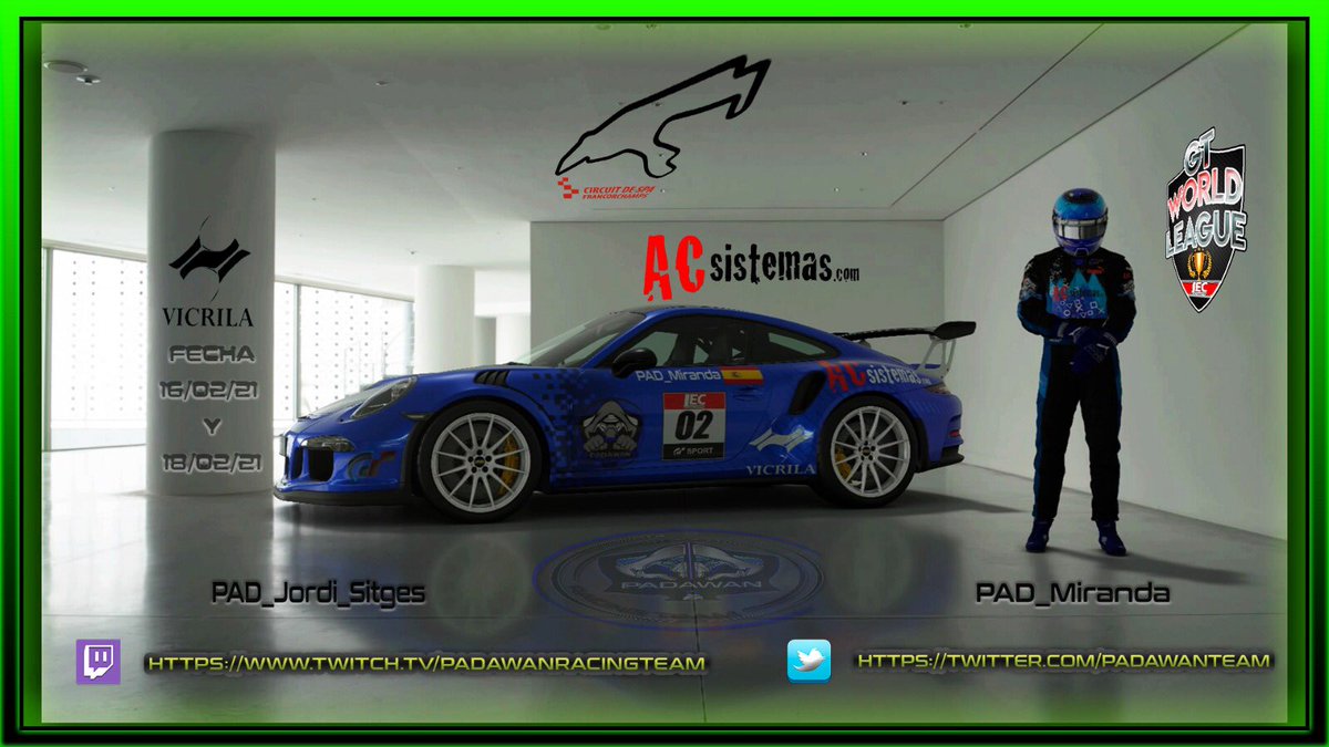 🚨 DIA DE CARRERA 🚨

🏁LEC <a href="/lecesports/">LEC Esports</a> 🏁
📍| Spa Francorchamps
🚗| Porche Gt3 N500

Ahí estarán defendiendo los colores de Padawan:
 PAD_ Miranda <a href="/mirandaeros/">David Miranda Rio</a> 
 PAD_Jordisitges <a href="/jordisitges/">Jordi_Sitges</a> 

Gracias a nuestros patrocinadores <a href="/ACMRMicro/">acsistemas.com</a> y <a href="/vicrila/">Vicrila</a> 

#somospadawan