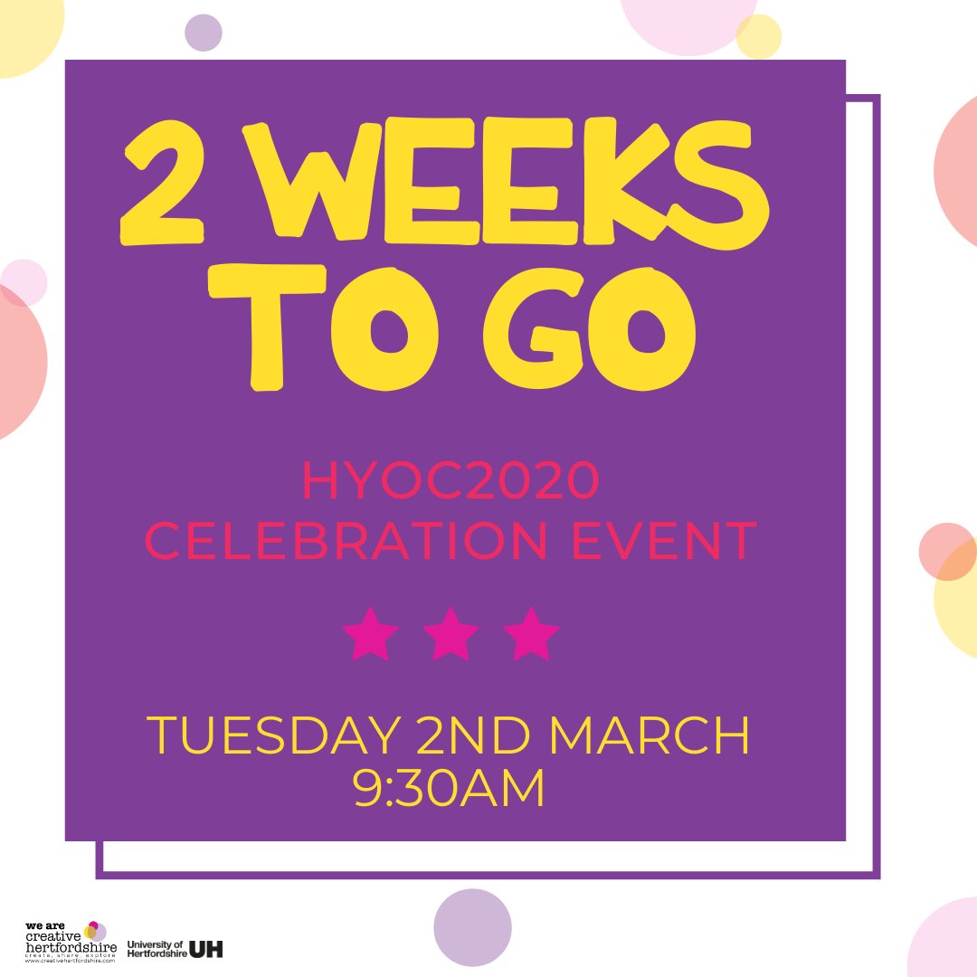 hyoc2020's tweet photo. This is our 2 week countdown! Just 2 weeks to go until we get to celebrate everything that makes Hertfordshire creative!  

For more information about our celebration event, sign up here:  https://t.co/6h4p3qNAHW
We can’t wait to celebrate creativity with you! https://t.co/Tk9WYriEv4