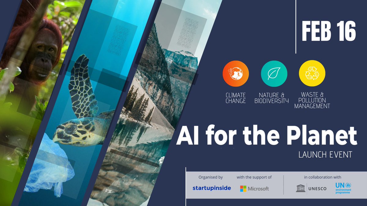 Let's use the power of #ArtificialIntelligence for #ClimateAction, for #nature & #biodiveristy conservation, and for waste & pollution management.

Tune in TODAY - 16 Feb - at 2pm GMT+1 and discover what #AI can do for the Planet.

➡️ aifortheplanet.org #AIforthePlanet