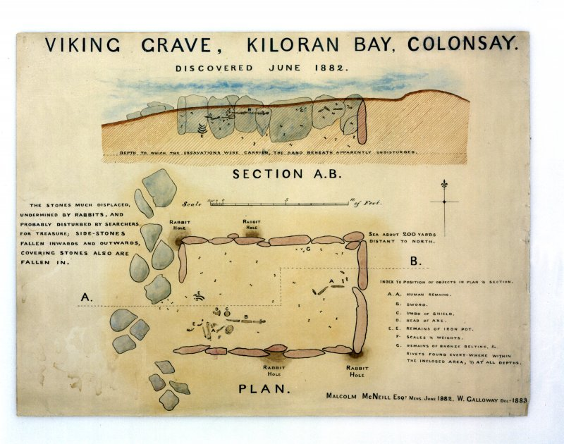 These boat burials including Kiloran Bay on Colonsay in 1882, where a human skeleton lay, crouched on its left side, was found along with cross-incised stones and a series of bronze and iron objects such as weights and scales.