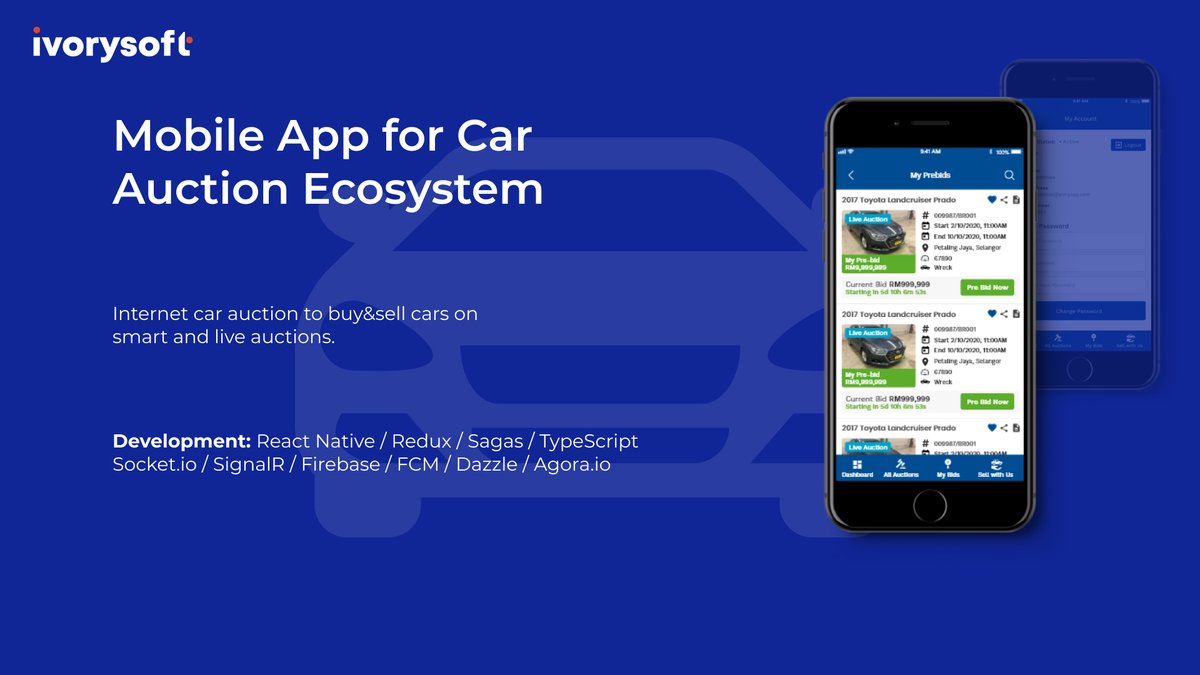 Our team has just finished the work on one more gem project🎉 It's an elaborate car auction ecosystem🚘

Soon available on App Store and Google Play🚀

#ivorytweetsoft #carauction #mobileapp #reactnative