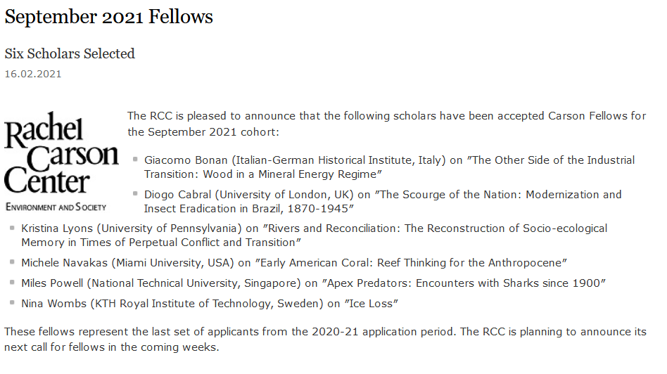 CarsonCenter's tweet photo. We are pleased to announce the Carson Fellows for the September 2021 cohort.
Congratulations Giacomo Bonan, Diogo Cabral, Kristina Lyons, Michele Navakas, Miles Powell, and Nina Wombs!
#envhum #envhist #fellows #carsoncenter
See more here: https://t.co/VMawt10WWp https://t.co/sZU42ZbJds