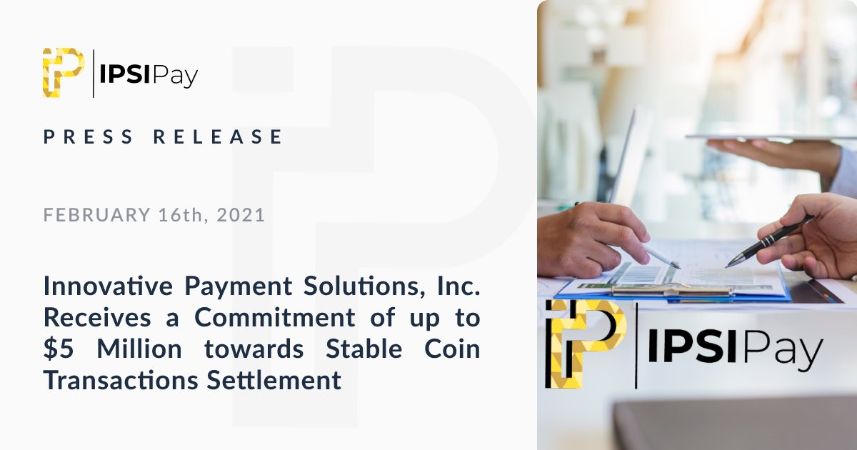 IPSIPay's tweet photo. We are pleased to announce that we received a commitment of up to
$5 Million Towards Stable Coin Transactions Settlement from our existing institutional investor.
Check out our today’s press release for more details:
https://t.co/u2IGJw1en6
#IPSIPR $IPSI #IPSIPay https://t.co/YAxm5vUWEs