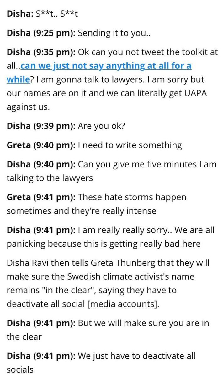 This is the leaked chat between Greta and Disha . Just one thing, If they were doing nothing wrong against the country then why were they in panic mode? Why did they think of deactivating the SM accounts? #Toolkit