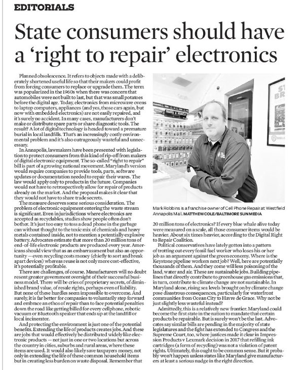 Great to have The Sun’s endorsement of our Right to Repair bill! So thankful for everyone helping to advance this pro-consumer, pro-environment, pro-small business legislation. @katiefryhester @BrianFrosh @MarylandPIRG @sierraclubmd @FarmBureauMD #Working4MD #MDGA21