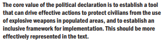 The text should more effectively represent an inclusive framework for implementation not limited to military actors, but involving civil society organizations which provide vital data and evidence on civilian harm and input into governments’ practices.