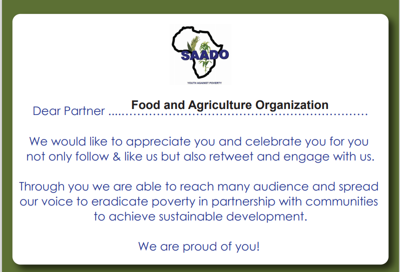 SAADO_SSD's tweet photo. Dear Partner, just to let you know that we appreciate you @FAOSouthSudan  #SSOT https://t.co/JLeNKml3hC