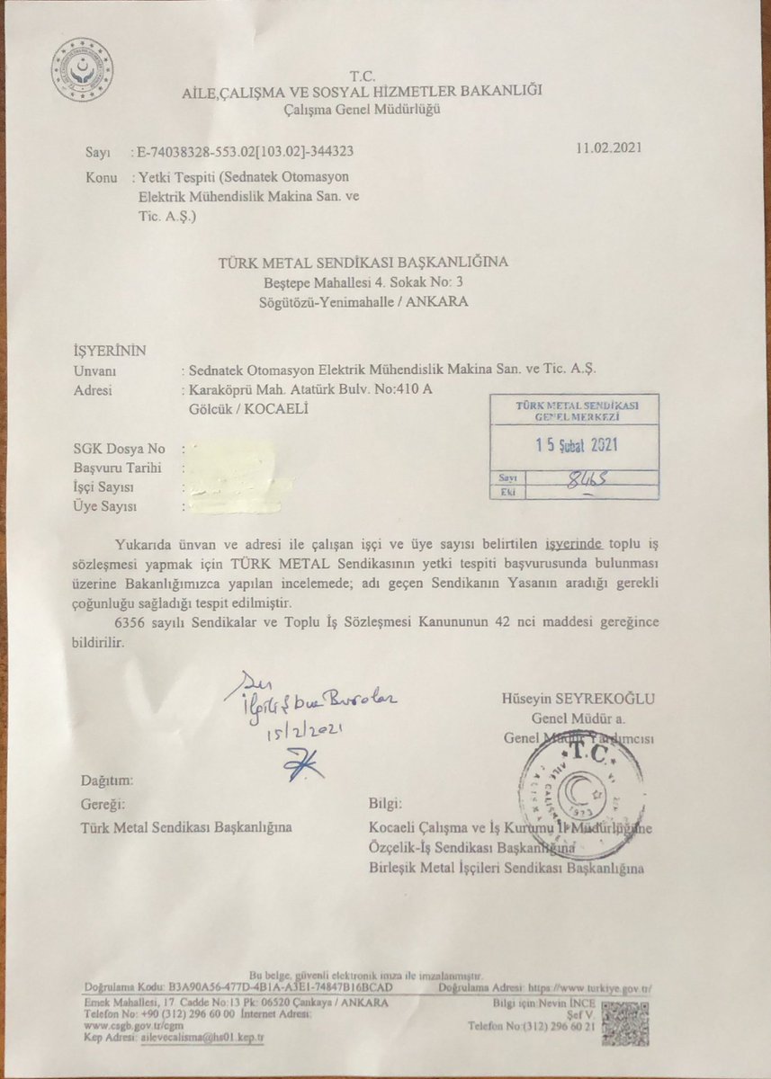 MEHMETSENER1980's tweet image. Sednatek Otomasyon Elektrik Mühendislik Makina  San. Ve Tic. A.Ş işyerinde örgütlenme mücadelemiz sonucunda yetki tesbit belgemizi Aile, Çalışma ve Sosyal Hizmetler Bakanlığından almış bulunmaktayız.
Büyük Türk Metal ailesine dahil olan emekçi kardeşlerime hayırlı olsun.