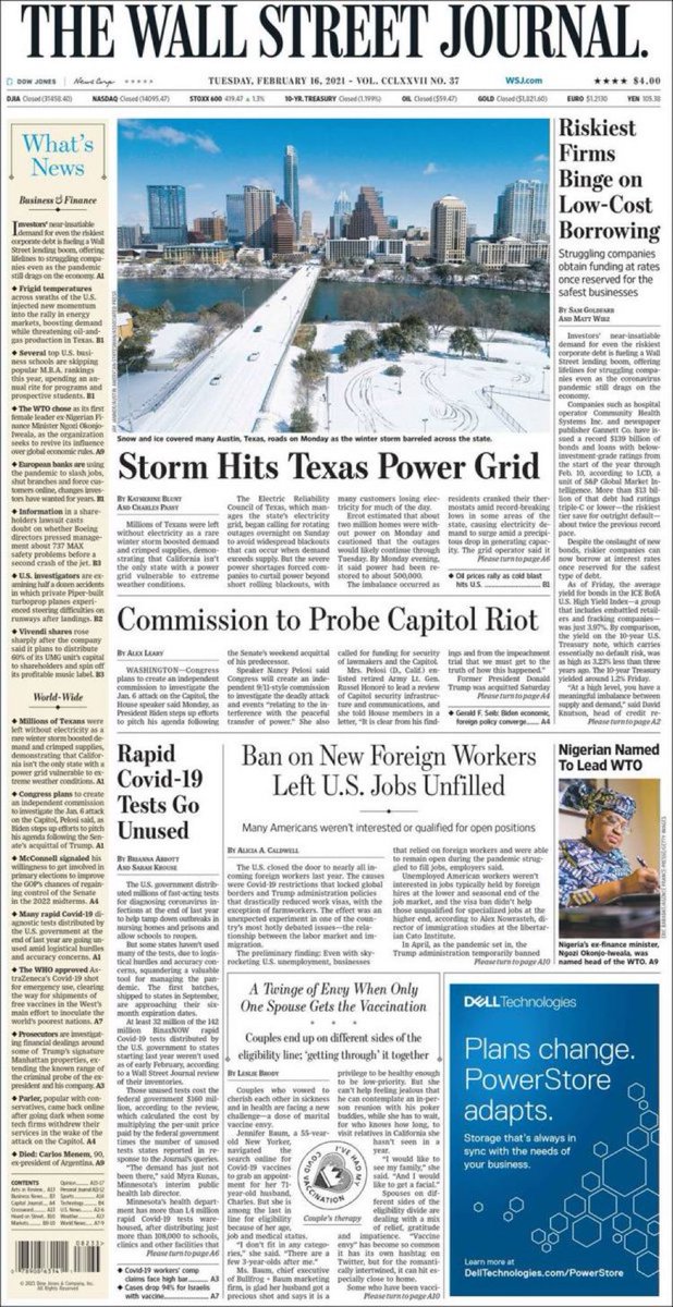 carlquintanilla's tweet image. Mark the date: a story about junk-bond yields hitting levels historically associated with no-default risk makes Page One.
@WSJ