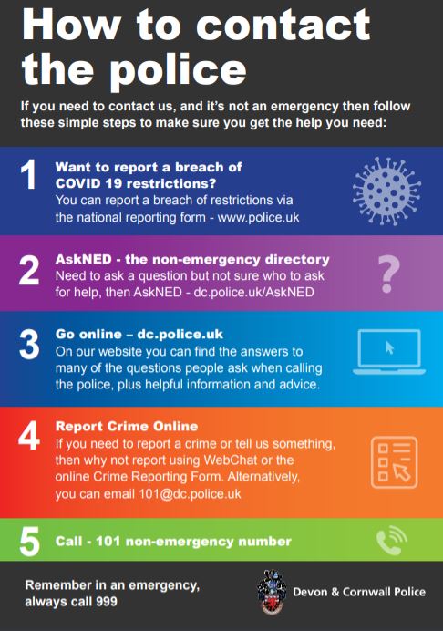 Disability_tog's tweet photo. How to contact the @DC_Police Devon & Cornwall Police during the pandemic and more useful local information and advice on the pandemic on our website page 'Your Questions Answered' https://t.co/rSEFxxL3fX
#StaySafe #DevonTogether https://t.co/RQ8spyng3F