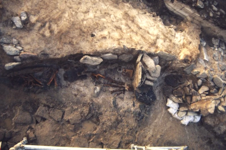 Within the site the remains of three people were found - a man, woman and child.The below items were found beside the man:a quiver w/ eight arrowsiron sword,a bone comb A set of 22 gaming pieces.