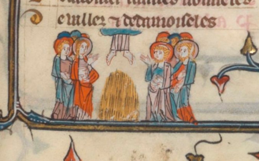 Honestly, nothing is funnier to me that medieval images of Christ's ascension to heaven, because they're all just his feet hanging down from the sky. Yes, this is a thread.(BnF, MS Français 25526, f. 28r)  #MedievalTwitter