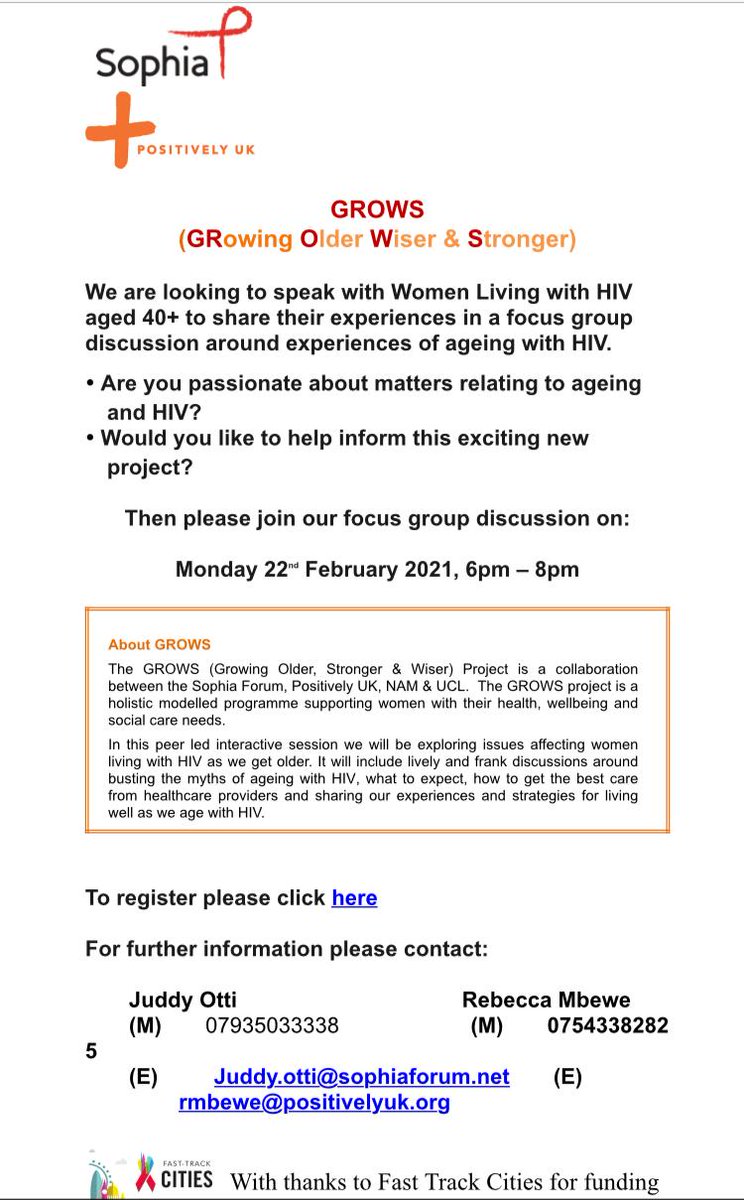 GROWS Project is looking to speak with women living with HIV aged 40+ to share thier experiences of ageing with HIV on Monday 22nd February 2021, 6pm – 8pm To register please click below zoom.us/meeting/regist… @africadvocacy @OneVoiceNetwor2 @SophiaForum