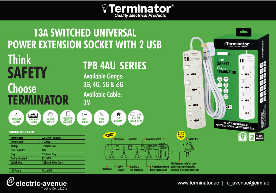 EAvenue_Dubai's tweet image. Terminator-4 way Universal Power Extension Socket with 2 USB

Get in touch with our products on terminator.ae or call our number +971-50-6465948

#electricalproducts #powerextension #Terminator #electricaclaccessories #uae #Dubai #electricalengineering #electricalavenue