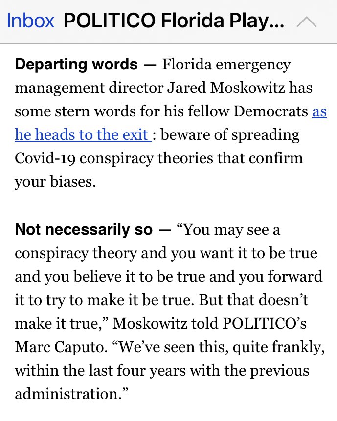 MarcACaputo's tweet image. Outgoing FL emergency director @JaredEMoskowitz — a Biden-backing lone Democrat in a top FL gov post — warns Dems not to believe conspiracy theories about FL Covid deaths because it’s not true politi.co/3jTh9Ka