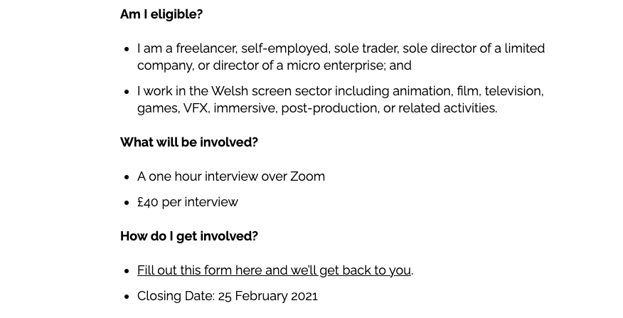 CreativeCardiff's tweet photo. OPPORTUNITY: Open call to take part in paid research exploring the impacts of COVID-19 on screen sector workers in Wales - https://t.co/Ysw2RESZPM
The research is a collaboration between @valuingculture, @CreativePEC, @audienceagents &amp; a consortium of academic researchers. https://t.co/EyCvzG7E5k