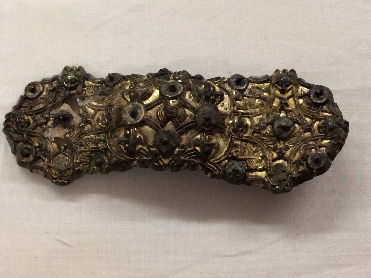 Alongside the woman there was a  a comb a sicklea weaving swordshears two spindle whorls. a gilded broochBy dating the artefacts and by obtaining radio-carbon dates, the grave was dated to between 875 AD - 950 AD.