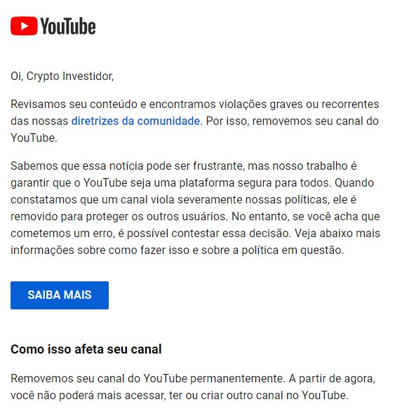 CryptoInvestido's tweet photo. Como informado o Youtube deletou nosso canal essa manhã. Informamos que nunca violamos as diretrizes da comunidade. Não tínhamos strike e nada do tipo. Gostaria do apoio da comunidade para resolver essa situação @YouTubeBrasil @youtube @livecoinsBR @BrCointelegraph @criptofacil https://t.co/BWRBmSCnSa