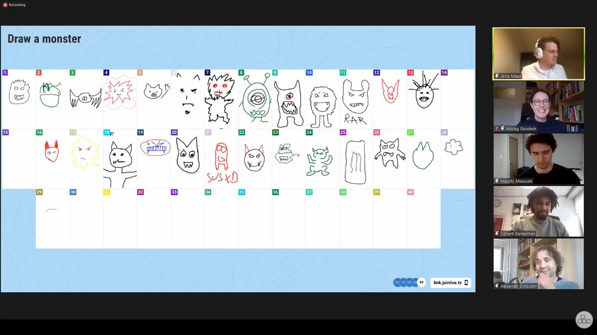 That's a first: COLLABORATIVE MONSTER DRAWING in an online conference! <a href="/sgtilburg/">Studium Generale</a> 😆