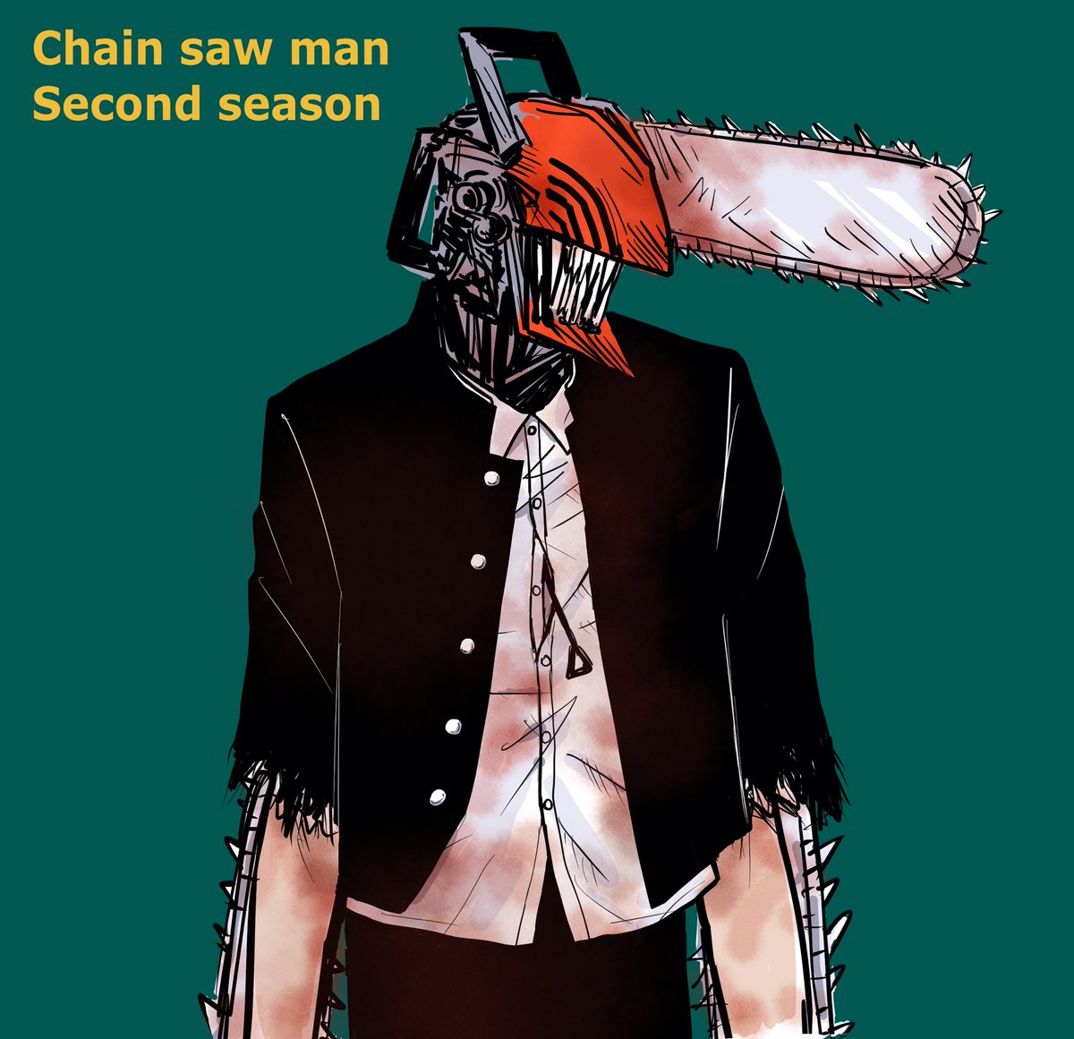 denji (chainsaw man) chainsaw 1boy simple background shirt sharp teeth white shirt collared shirt  illustration images