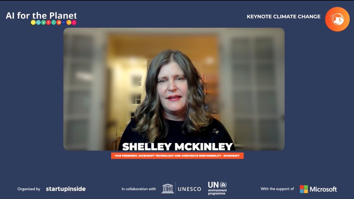 #AIforthePlanet 
Next Keynote is dedicated to #climatechange. We're pleased to welcome @shelleymckinley, Microsoft's Vice President for technology and Corporate Responsibility.
join us on aifortheplanet.org