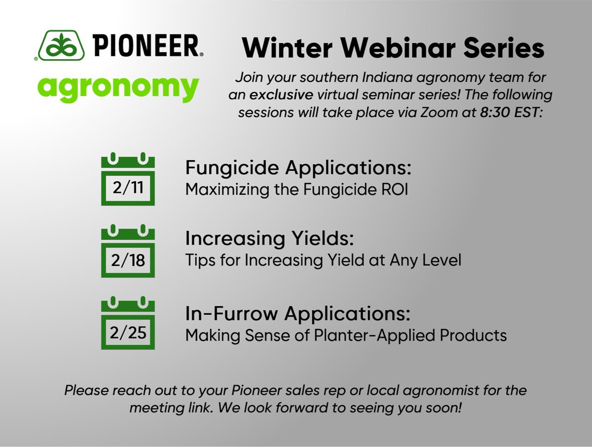 Stay out of the snow, and join <a href="/DanEmmert/">Dan Emmert</a>, <a href="/JasonGeis/">Jason Geis</a> and I this Thursday at 8:30 to discuss maximizing yield potential of corn and soybeans. 

corteva.zoom.com/j/93249462024?…