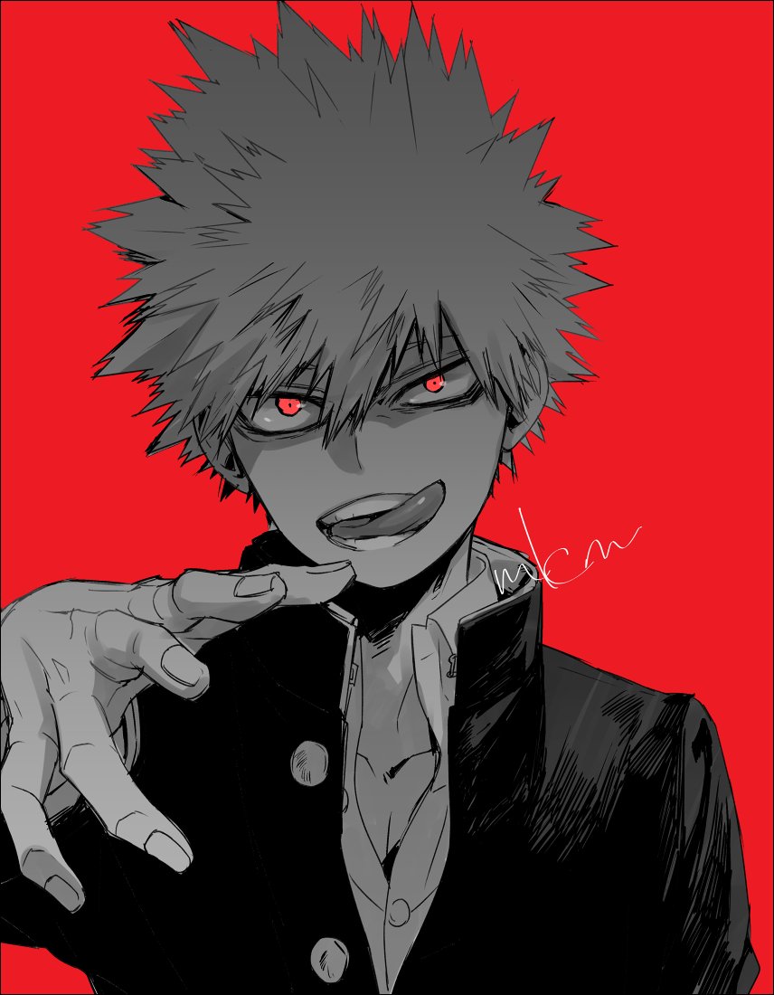 bakugou katsuki 1boy male focus solo red background red eyes tongue spiked hair  illustration images