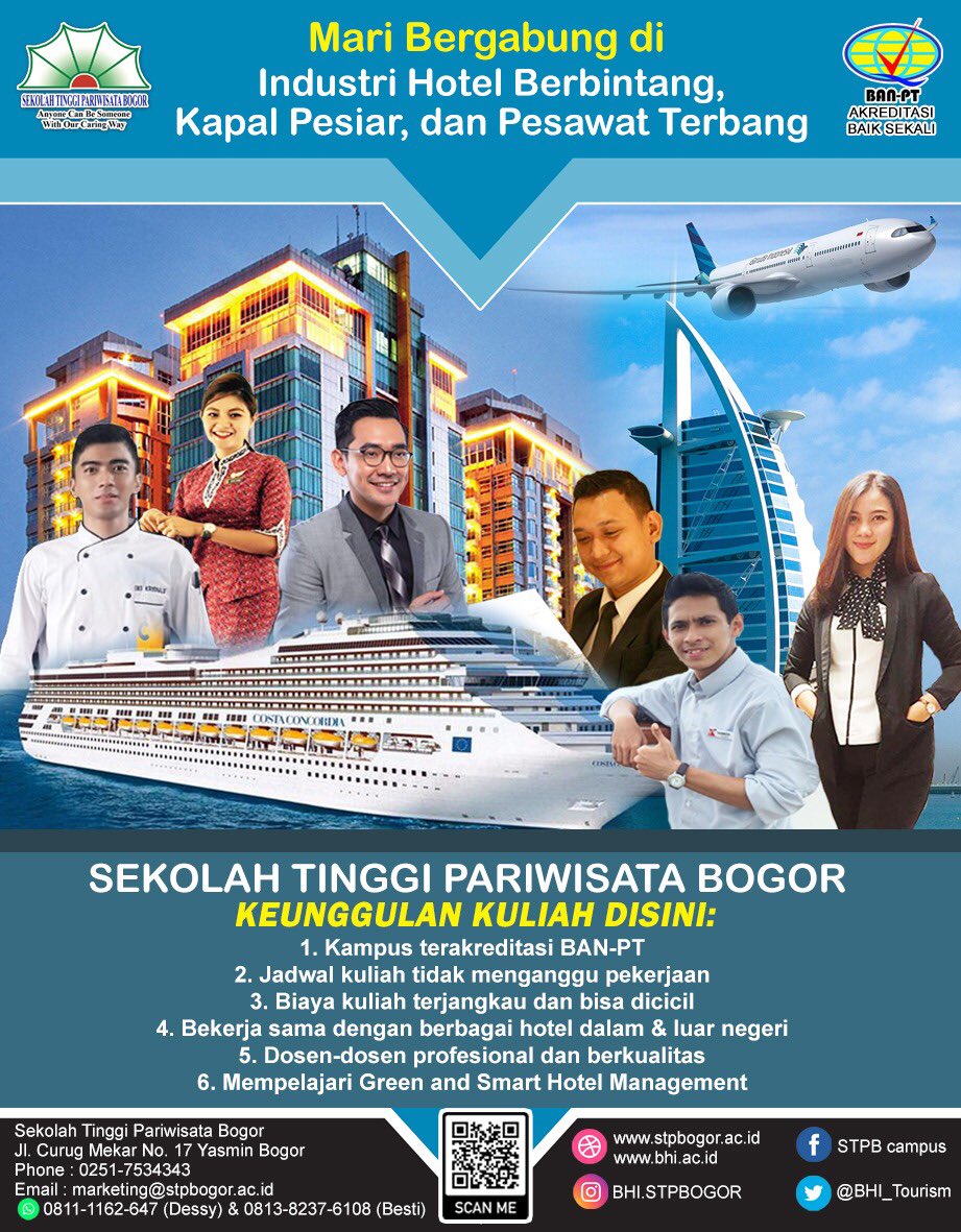 Hallo Semua Sobat Pariwisata 📑
Cari kuliah pariwisata &amp; perhotelan di Kota Bogor?
Isi Formulir dan segera ikuti tes STP Bogor📚

📮stpbogor.ac.id
☎️0811-1162-647 (Dessy)
☎️0813-8237-6108 (Besti)

#pariwisata #perhotelan #2021 #kuliahpariwisata #kotabogor #visitbogor