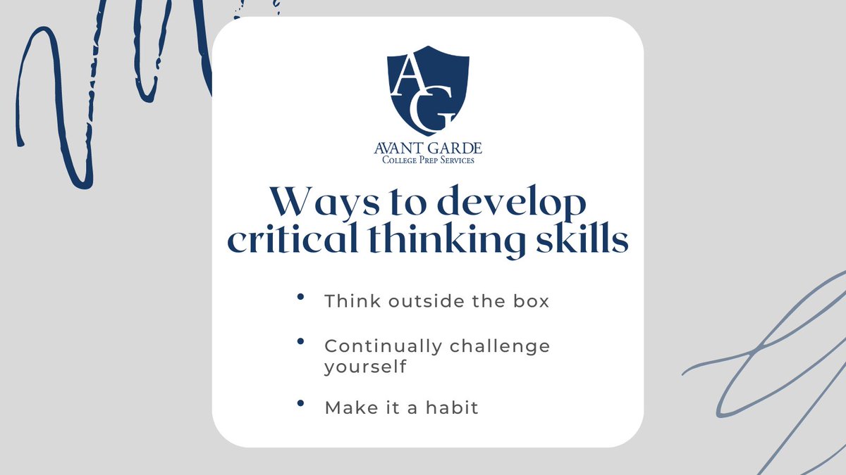 AvantGardePrep's tweet photo. Critical thinking has been linked to higher exam scores. Here are some ways to improve your skills! #student #sat #act #college #collegeprep #tutor https://t.co/zOnGd0NUpM