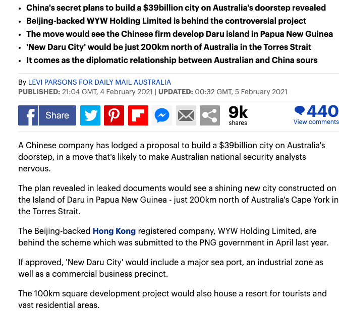 Feb 4,  @australian  @abcnews  @DailyMailAU simultaneously published reports, citing "leaked" documents, saying an HK-registered company wrote in 2020 to Papua New Guinea govt proposing building a $39 bln city, nearing the Down Under.  @australian ran an editorial next morning3/