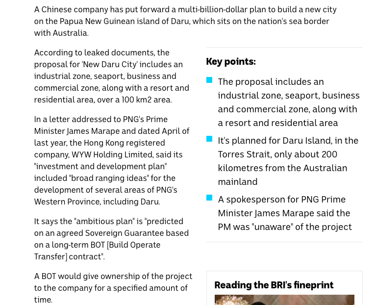 Feb 4,  @australian  @abcnews  @DailyMailAU simultaneously published reports, citing "leaked" documents, saying an HK-registered company wrote in 2020 to Papua New Guinea govt proposing building a $39 bln city, nearing the Down Under.  @australian ran an editorial next morning3/