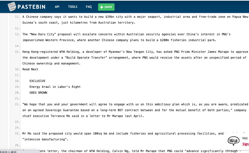 Feb 4,  @australian  @abcnews  @DailyMailAU simultaneously published reports, citing "leaked" documents, saying an HK-registered company wrote in 2020 to Papua New Guinea govt proposing building a $39 bln city, nearing the Down Under.  @australian ran an editorial next morning3/
