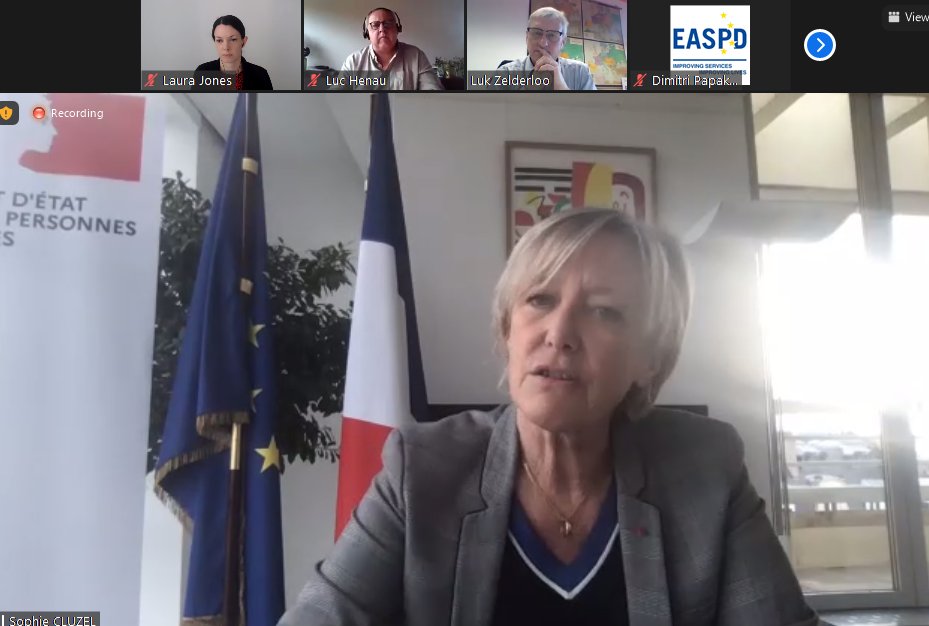 EPR_Network's tweet photo. At Inclusive Labour Market Alliance webinar Sophie Cluzel, Secretary of State in charge of People with Disabilities, FR, explains employment of people with a disability a priority for next French Presidency, including focus on training & #SupportedEmployment "leave no-one behind" https://t.co/enDQK71Yth