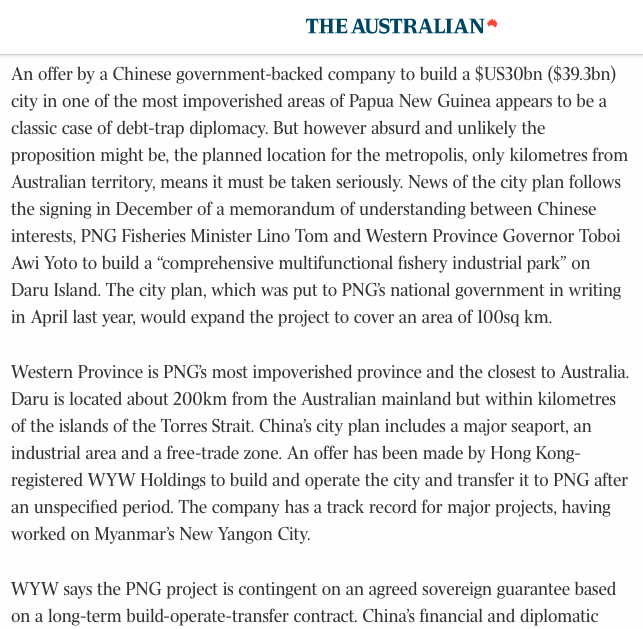 Feb 4,  @australian  @abcnews  @DailyMailAU simultaneously published reports, citing "leaked" documents, saying an HK-registered company wrote in 2020 to Papua New Guinea govt proposing building a $39 bln city, nearing the Down Under.  @australian ran an editorial next morning3/