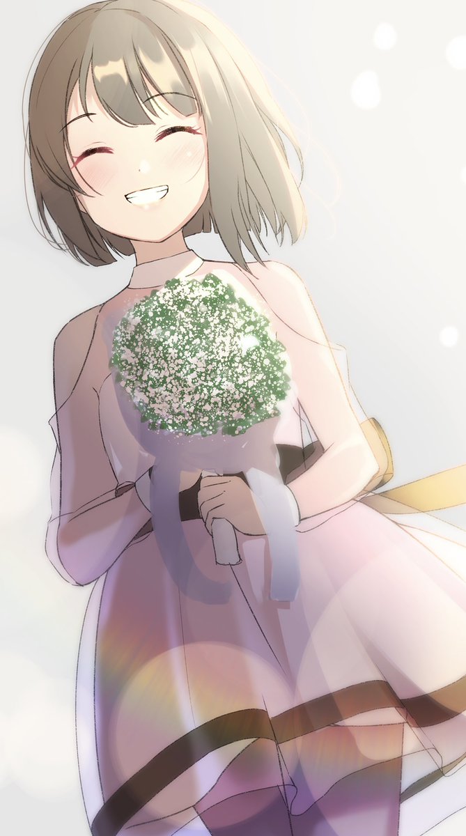 nakasu kasumi 1girl solo dress closed eyes short hair smile bouquet  illustration images