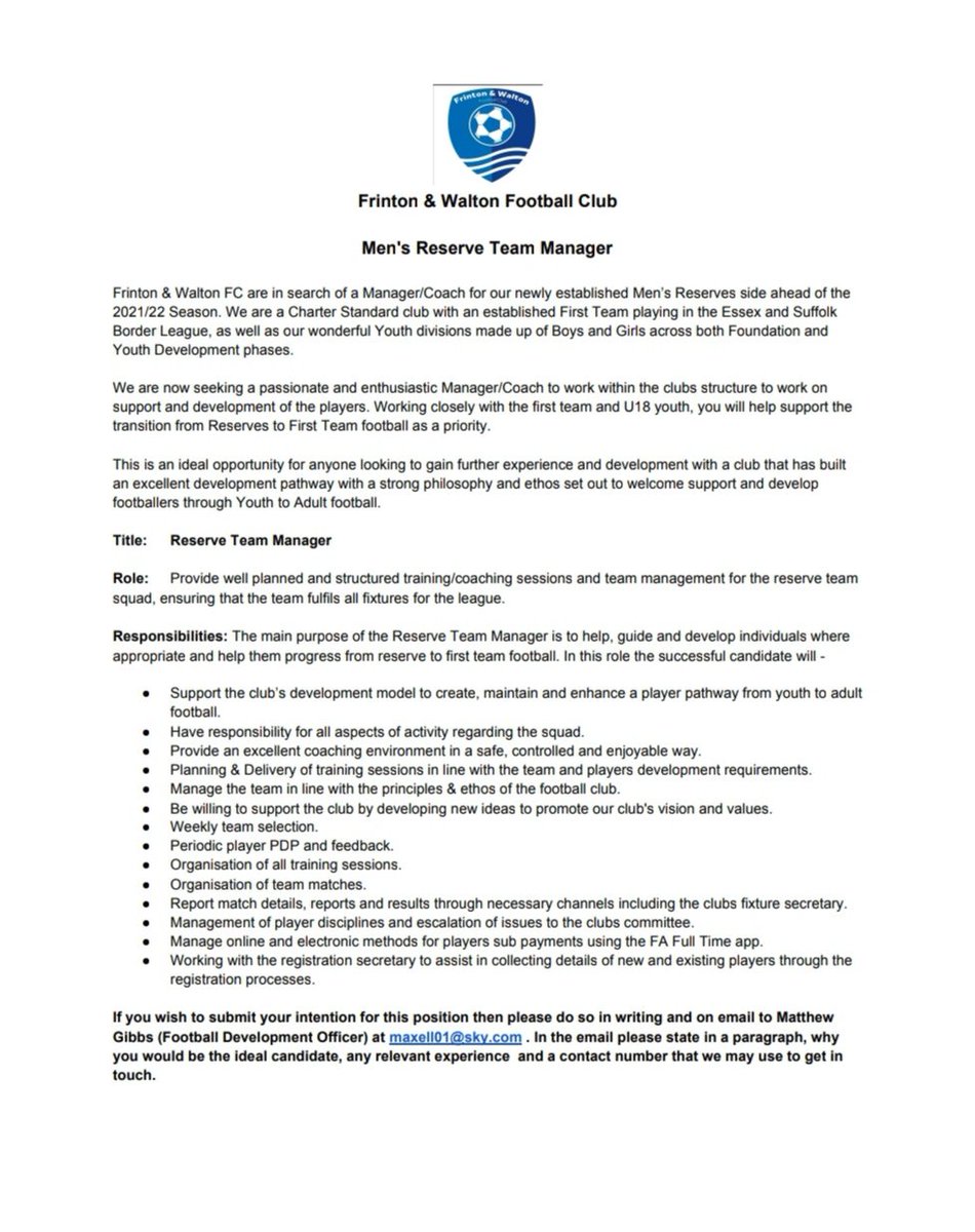 Reserve Team Manager wanted for the 2021/22 season. Please see the details below and if interested then  apply in writing to the email at the foot of the description. Closing date 3rd April 2021
