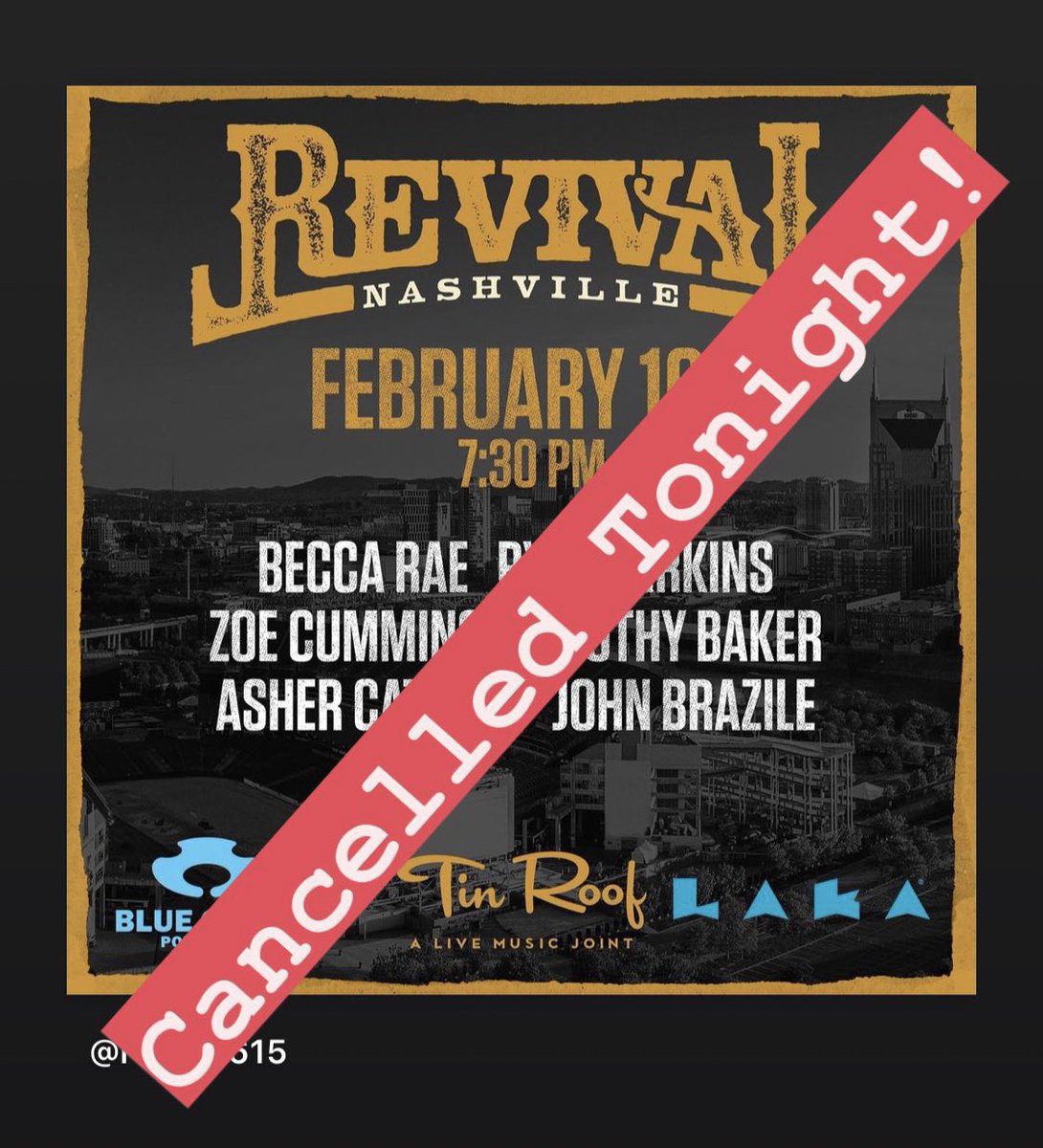 Revival (@revival615) on Twitter photo Sorry y’all! No show tonight at <a href="/TinRoofNash/">Tin Roof Nashville</a>
Stay safe and DO NOT eat the yellow snow! Sorry y’all! No show tonight at <a href="/TinRoofNash/">Tin Roof Nashville</a>
Stay safe and DO NOT eat the yellow snow!