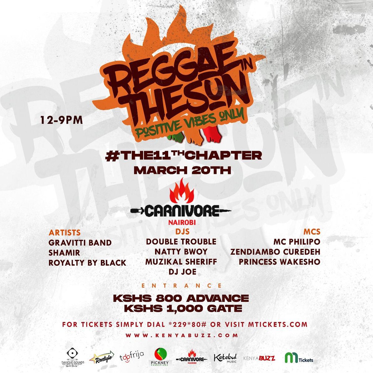 DjDaboTrabo's tweet photo. Wagwan 20th March it's all about #ReggaeInTheSun #The11thChapter happening at the Carnivore.
GET you're advance tickets early.
Positive Vibes it is. https://t.co/Adq3zc9OfX