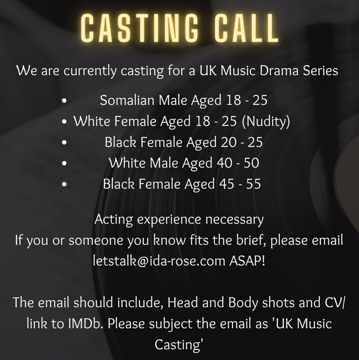 _IdaRose's tweet image. ***CASTING CALL*** We are currently casting for a UK Music Drama and we want you! If you fit the description or know someone who does then be sure to get in contact and please share. Thank You 
#CASTINGCALL #londonactors #actorlife