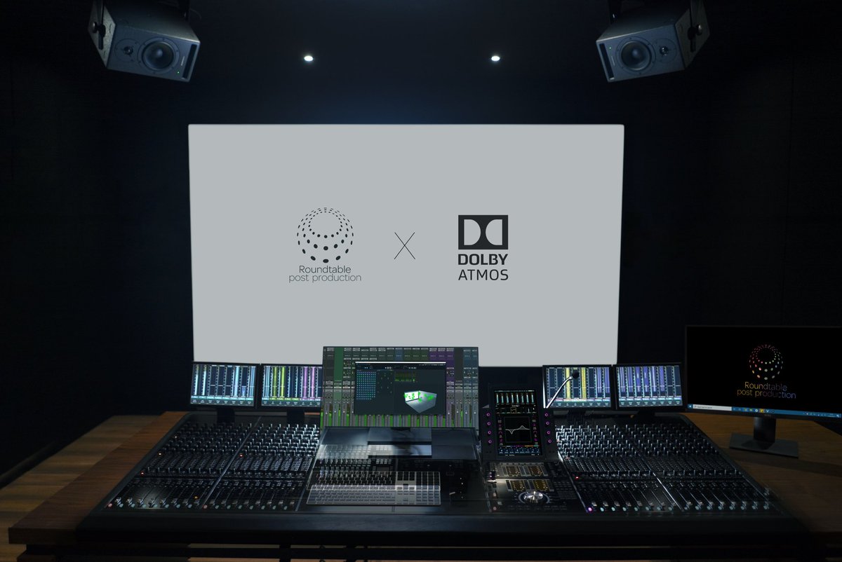jackjonescolour's tweet photo. Following yesterday’s sneak peak, here’s the reverse of @roundtablepost’s new @Dolby Atmos 7.2.4 mixing suite! #FeatureDocs https://t.co/eMmn2f1HsE