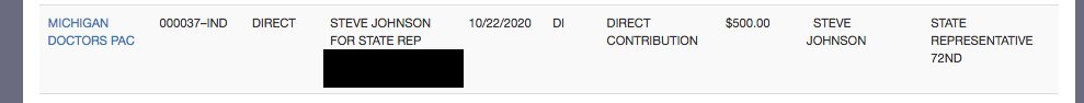 And here's the Michigan State Medical Society using its "Doctors PAC" to write checks this fall to lawmakers who've been criticized for not wearing masks while working in Lansing. H/T to  @jonathanoosting