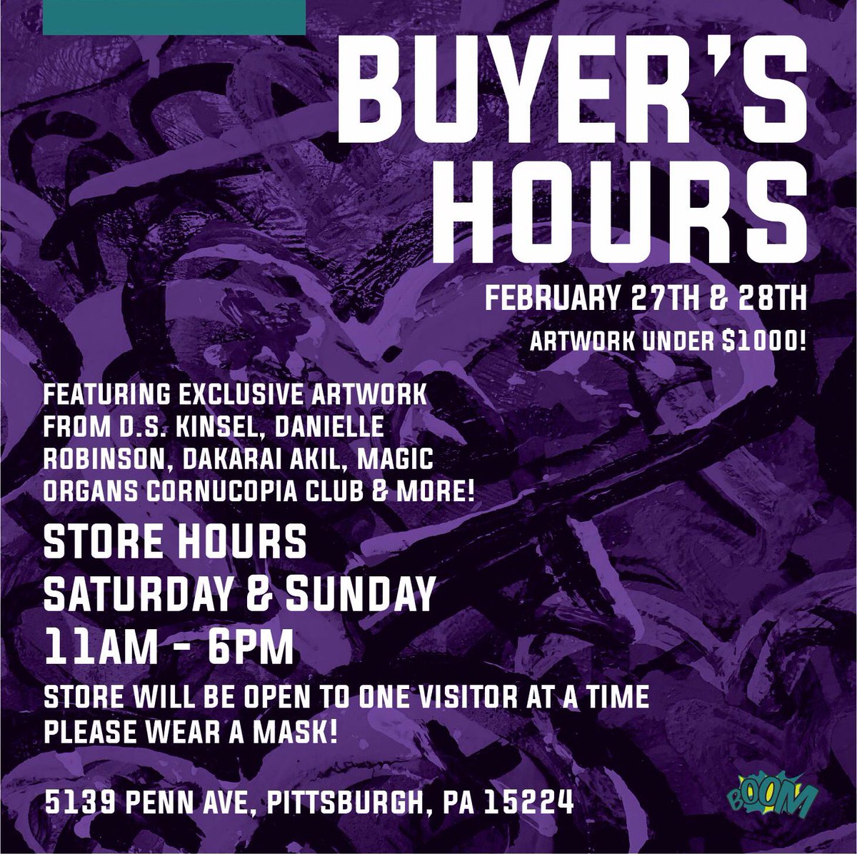 BOOMConcepts's tweet image. End of the month is Buyer’s Hours at @BOOMConcepts! 
Come on the 27th &amp;amp; 28th from 11A - 6P 

- New work from @DSKinsel 
- Cornucopia Club Packs from #MagicOrgans available (@juliemallisart &amp;amp; DS)
- @Robins4Danielle paintings AND prints available too!

#WearAMaskSaveAlife