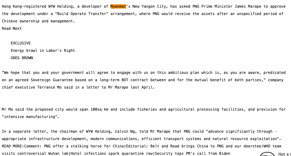 Let's examine the "leaked" documents, AS REPORTED:a little-known HK-registered company and its 2 leaders wrote to PNG govt proposing a $39 bln plan in building a city via BOT.The company also claimed to have similar experiences in Myanmar's New Yangoon City and Pakistan.9/