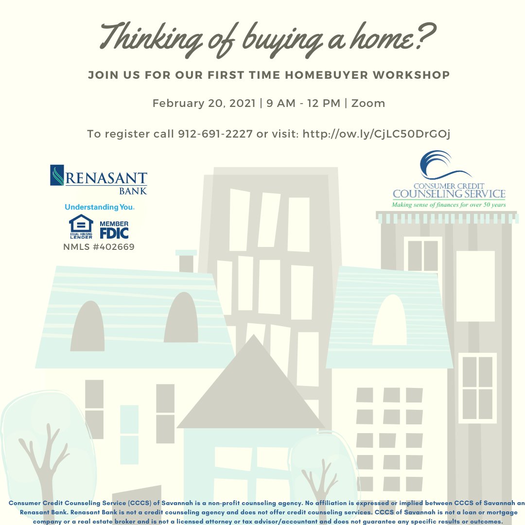 CCCS_Savannah's tweet photo. Did you know that CCCS is having a MONTHLY Zoom workshop for first-time homebuyers? Join CCCS and @renasant on February 20th from 9 AM-12 PM. Register here: https://t.co/2Q9wv5VCjm
#homeownership #homebuying #firsttimehomebuyer #homeowner #homebuyers #mortgage #househunting https://t.co/tyiwA1NjnE