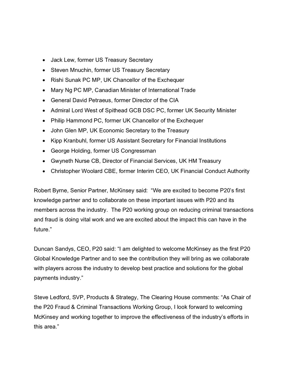 P20 is delighted to announce McKinsey &amp; Company <a href="/McKinsey/">McKinsey & Company</a> as our first Global Knowledge Partner focused on supporting our Fraud &amp; Criminal Transactions Working Group.

#CyberSecurity #cyber #fraud #payments