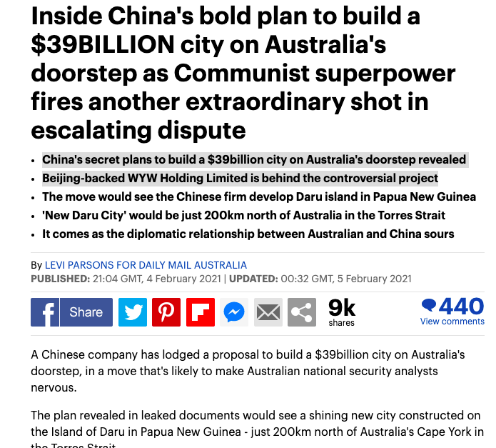 Based on those vague/ambiguous if not wild "leaks" what are further REPORTED?"China dangles $39bn carrot to build city on our doorstep""China's secret plans to build a $39billion city on Australia's doorstep""Beijing-backed WYW Holding Limited is behind the controversial"10/