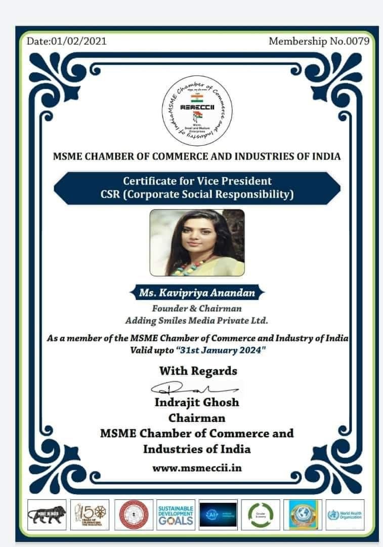 Kavipriyaa's tweet photo. Feeling honored. Designated as Vice President CSR ( Corporate Social Responsibility) for MSME Chamber of Commerce and Industries of India
#addingsmiles #kavipriyaanandan #HBS #kavipriyaa #chamberofcommerce #msmeindia https://t.co/it0f7XsjZX