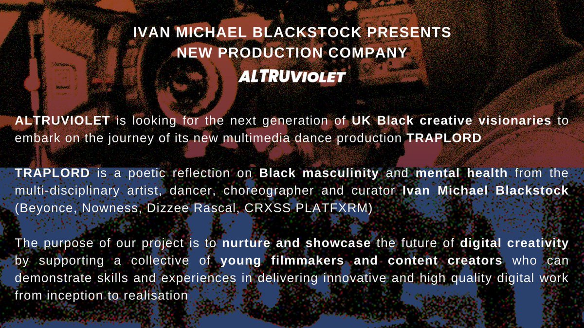 steph___be's tweet photo. Filmmakers &amp; Content Creators get in touch! @ivanblackstock &amp; production company ALTRUVIOLET are looking for some digital magic for their multimedia dance production TRAPLORD. 

Paid Opportunity

Apply via this link: https://t.co/B0Pi6MvokJ

Deadline: March 1, 2021 https://t.co/Vn5zCRQain