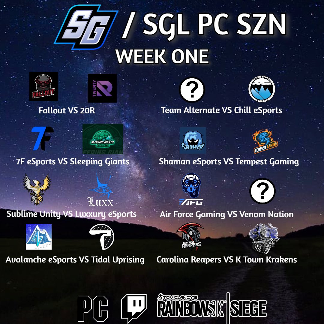 StaticGamingPC's tweet photo. I’m so glad that we have finally started SGL PC season one! This is going to be a great season I can feel it! Here are your week one match ups.

💫insta:💫
https://t.co/fyW4kEK6L4

#TAGS
#rainbowsixsiege #rainbowsixcomp #r6siege #r6s #competitiveesports #rainbowsix #staticgaming https://t.co/pRZu9sDrME